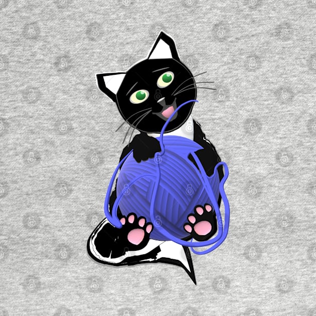 Funny and Cute Tuxedo Cat with a Big Ball of Yarn by Art By LM Designs 